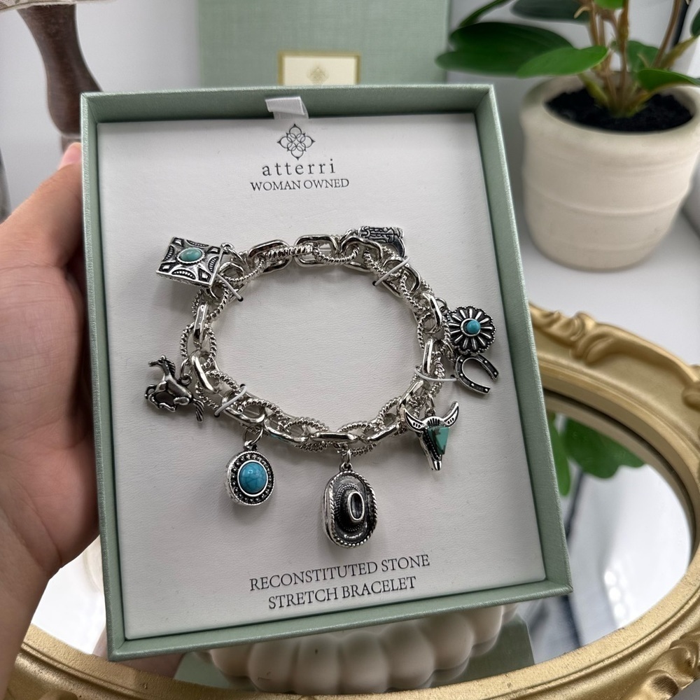 Atterri Western Charm Bracelet – Silver Stretch with Reconstituted Stone Accents - Picture 4 of 5